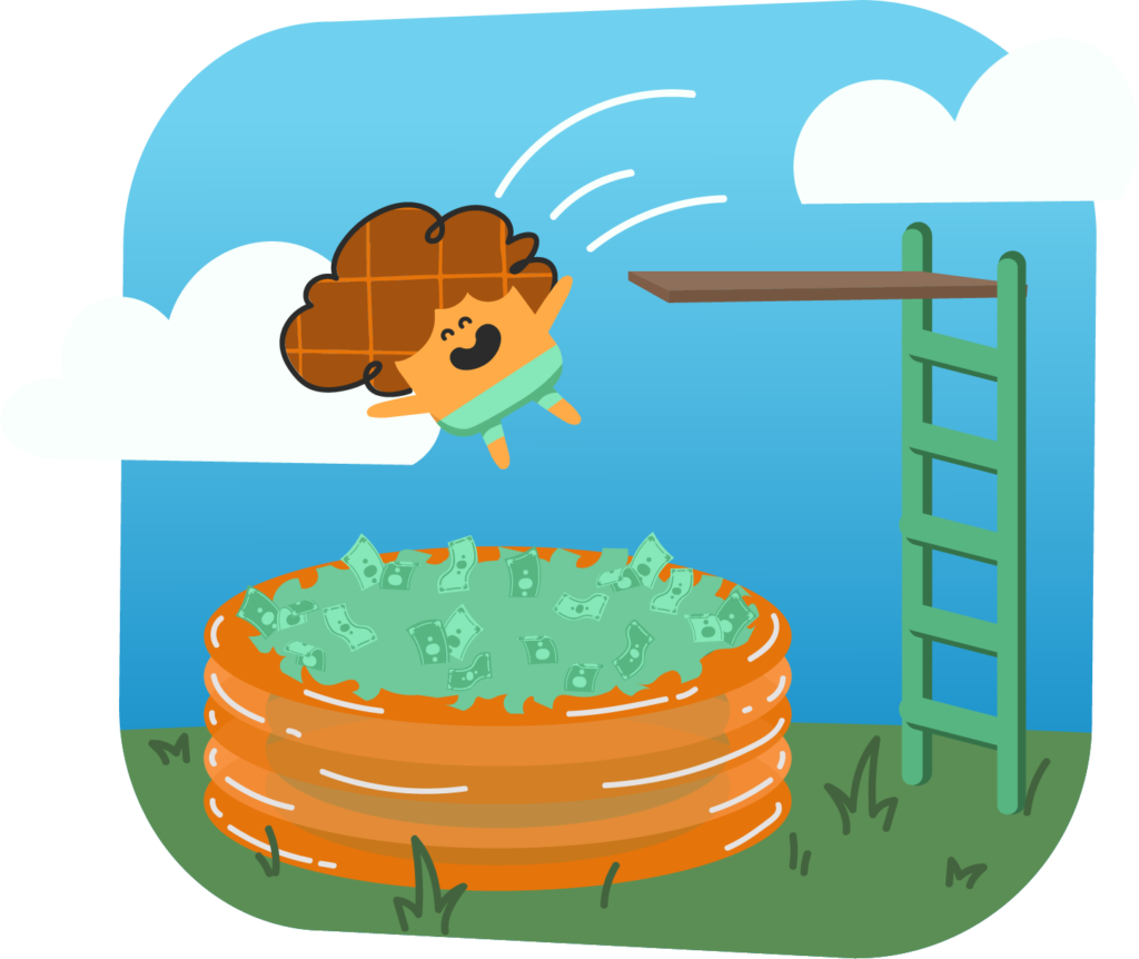 An illustration of an orange cartoon with brown hair jumping into a pool filled with money, representing benefits of a cash balance plan for retirement